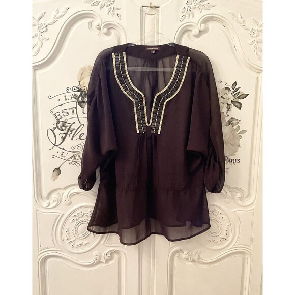 Adrienne Vittadini Tunic Top Women's L Brown Sheer Beaded Neckline - Picture 1 of 8